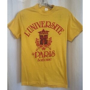 VTG 80s L'Universite De Paris Sorbonne Yellow Short Sleeve T-shirt Size S France